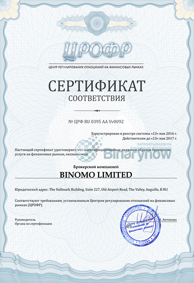 Сертификат ЦРОФР для Биномо